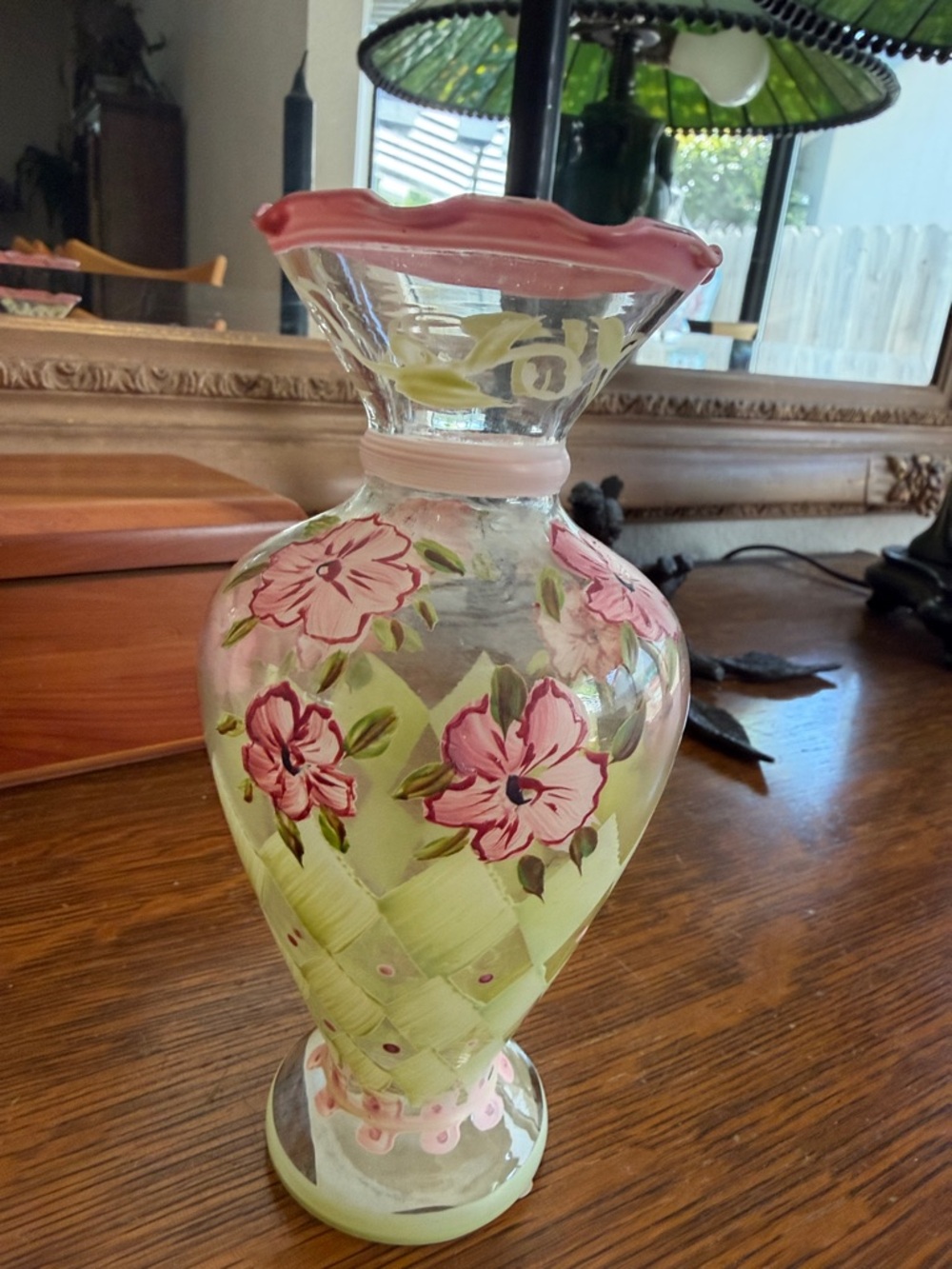 Tracy Porter Pink and Green Hand-Painted Floral Glass Vase
